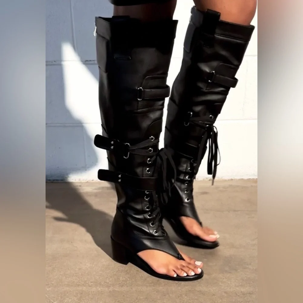 Elegant Black Over the Knee Lace-Up Boots